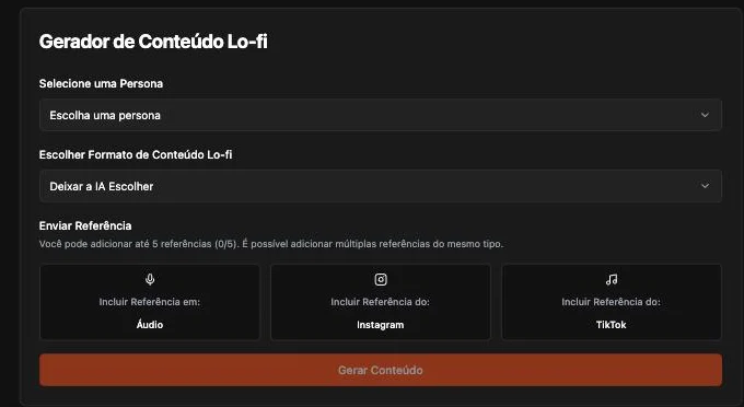 Tela do App IA Sirius: gerador de conteúdo Lo-Fi